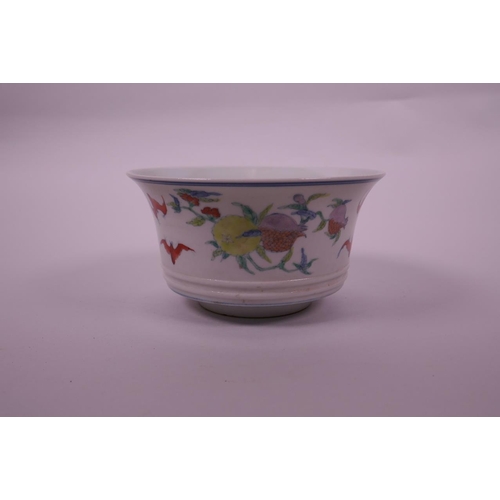 103 - A Chinese doucai porcelain flared bowl decorated with bats and pomegranates, auspicious symbol to bo... 