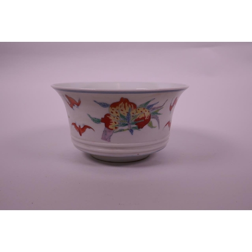 103 - A Chinese doucai porcelain flared bowl decorated with bats and pomegranates, auspicious symbol to bo... 