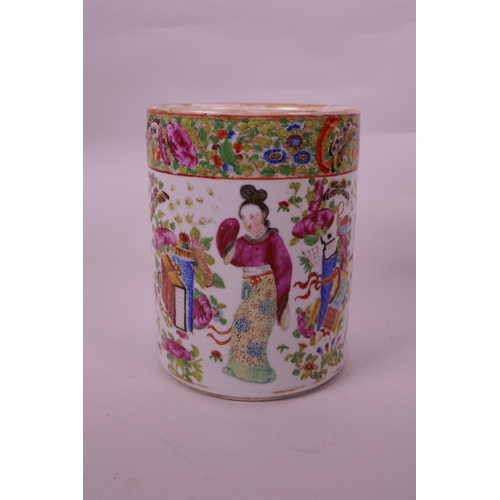 11 - A Chinese famille rose porcelain brush pot with enamel decoration of figures with auspicious objects... 