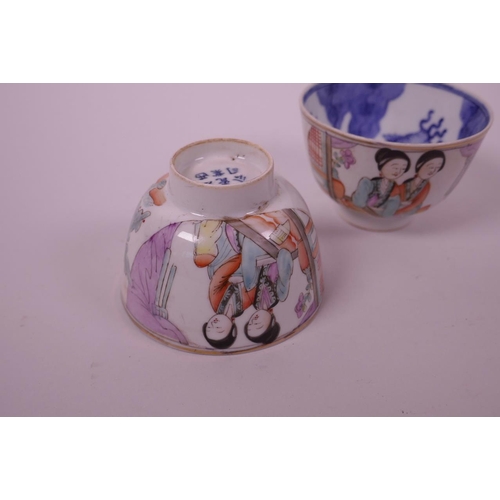 110 - A pair of Chinese polychrome porcelain tea bowls, decorated with women in an interior scene, the bow... 