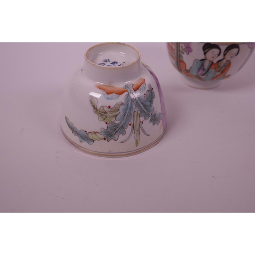 110 - A pair of Chinese polychrome porcelain tea bowls, decorated with women in an interior scene, the bow... 