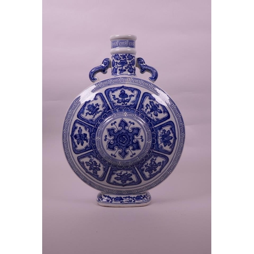 115 - A large Chinese blue and white porcelain two handled moon flask with decorative panels depicting the... 