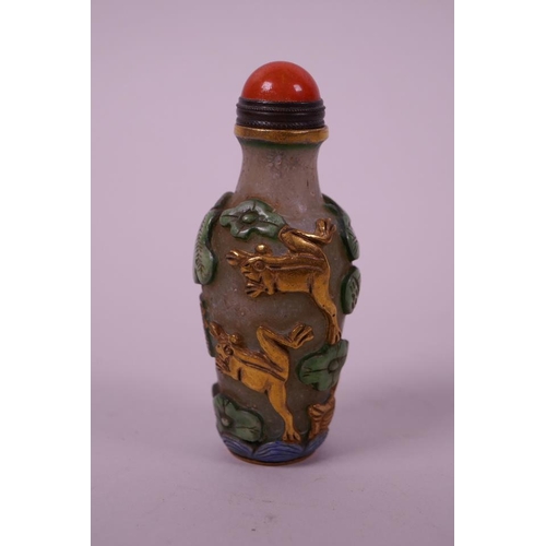 120 - An enamelled Peking glass snuff bottle with gilt frogs and waterfowl decoration, 3