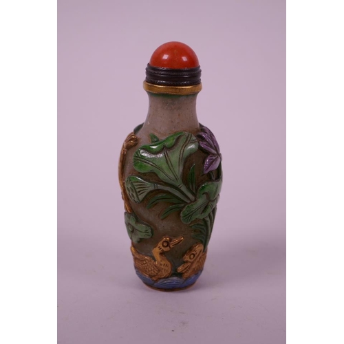 120 - An enamelled Peking glass snuff bottle with gilt frogs and waterfowl decoration, 3