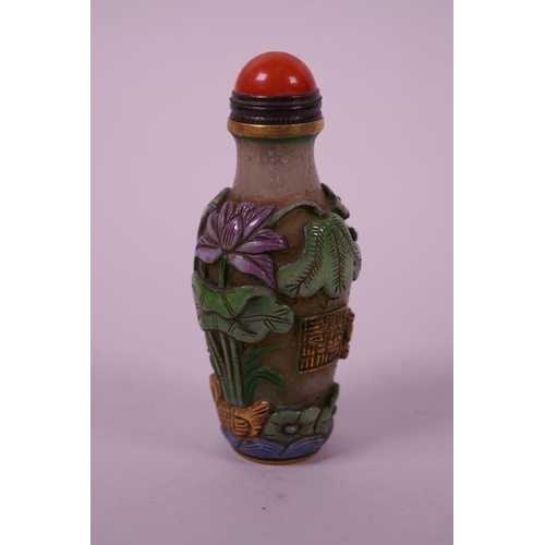 120 - An enamelled Peking glass snuff bottle with gilt frogs and waterfowl decoration, 3