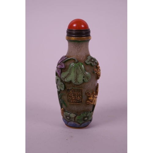 120 - An enamelled Peking glass snuff bottle with gilt frogs and waterfowl decoration, 3