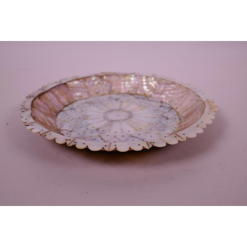 122 - A Goan mother of pearl set trinket dish with a floral pattern, 8