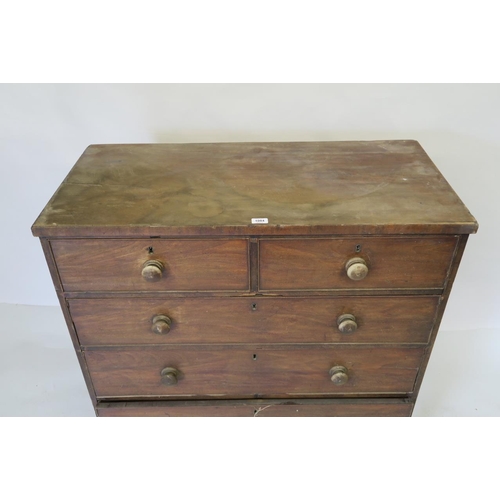 1224 - A C19th mahogany chest of two short over three graduated long drawers raised on swept bracket feet, ... 