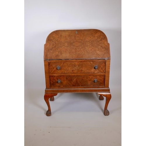 1225 - An Art Deco figured walnut bureau, with fall front over two drawers on cabriole supports with hairy ... 