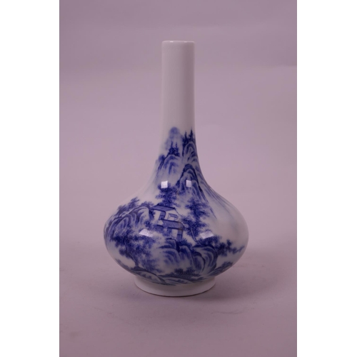 15 - A small Chinese blue and white porcelain bottle vase decorated with a mountain landscape, seal mark ... 