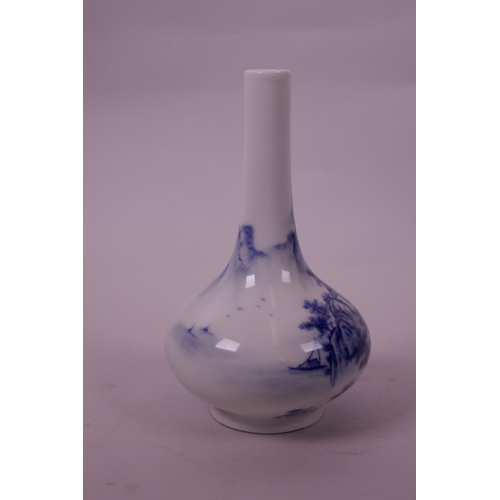 15 - A small Chinese blue and white porcelain bottle vase decorated with a mountain landscape, seal mark ... 