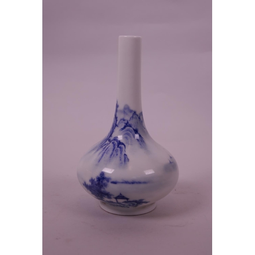 15 - A small Chinese blue and white porcelain bottle vase decorated with a mountain landscape, seal mark ... 