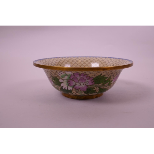 21 - A Chinese cloisonné bowl decorated with peonies and birds, 6