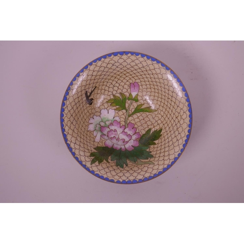 21 - A Chinese cloisonné bowl decorated with peonies and birds, 6