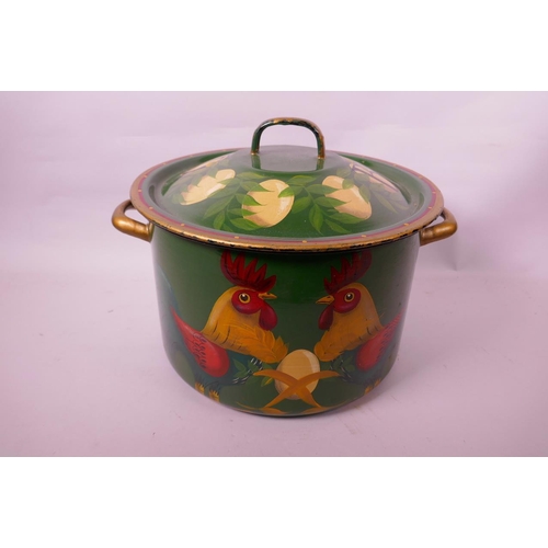 39 - An enamel bread bin painted with chickens, 9