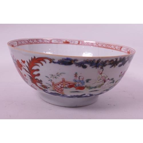 4 - An early C19th Chinese porcelain bowl painted with panels of figures in garden scenes in bright enam... 