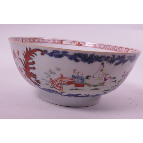 4 - An early C19th Chinese porcelain bowl painted with panels of figures in garden scenes in bright enam... 