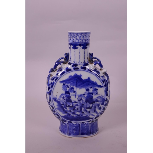 5 - A Chinese blue and white porcelain moon flask with two dragon handles and decorative panels depictin... 