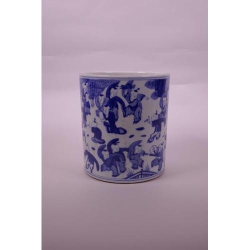 53 - A Chinese blue and white porcelain brush pot decorated with boys in a garden, 7