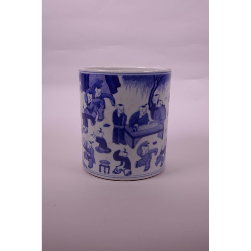 53 - A Chinese blue and white porcelain brush pot decorated with boys in a garden, 7