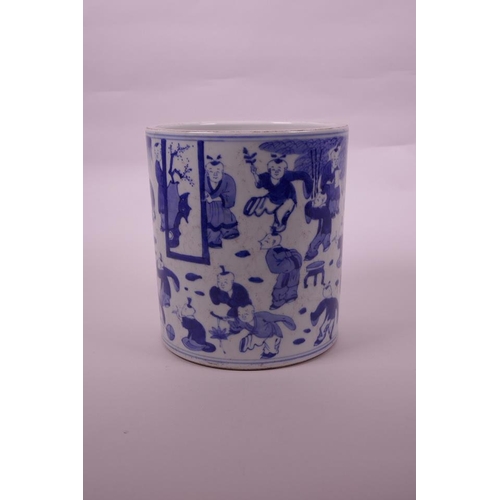 53 - A Chinese blue and white porcelain brush pot decorated with boys in a garden, 7