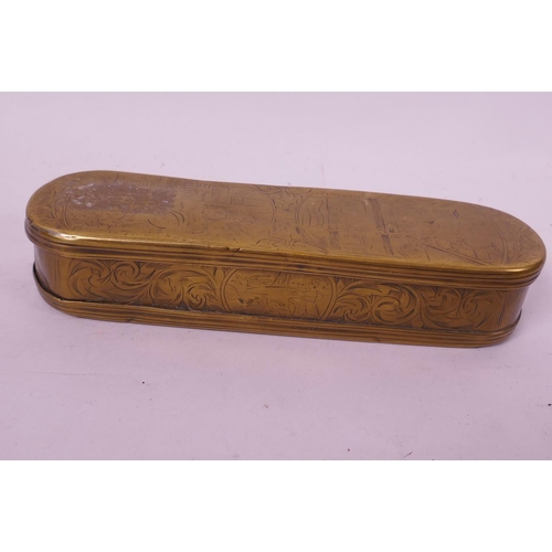 6 - An antique brass box with hinged lid having all over engraved decoration, the sides with scrolls and... 