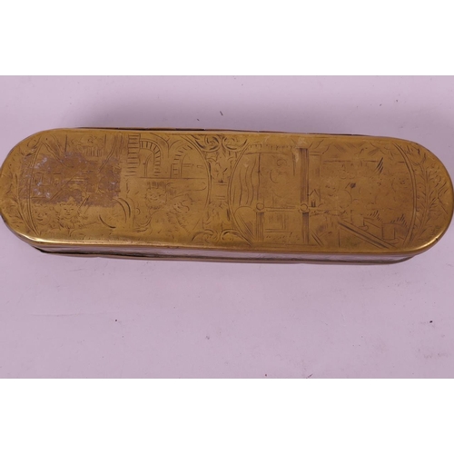 6 - An antique brass box with hinged lid having all over engraved decoration, the sides with scrolls and... 