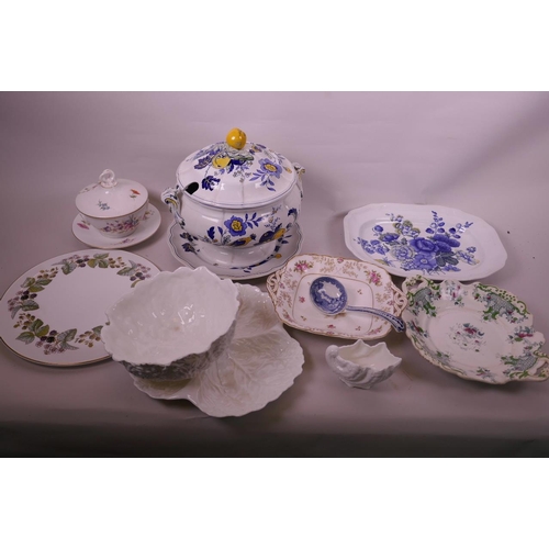 66 - A large Copeland Spode soup tureen, stand and platter decorated with blue and yellow flowers and exo... 