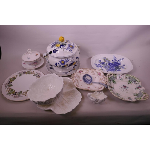 66 - A large Copeland Spode soup tureen, stand and platter decorated with blue and yellow flowers and exo... 