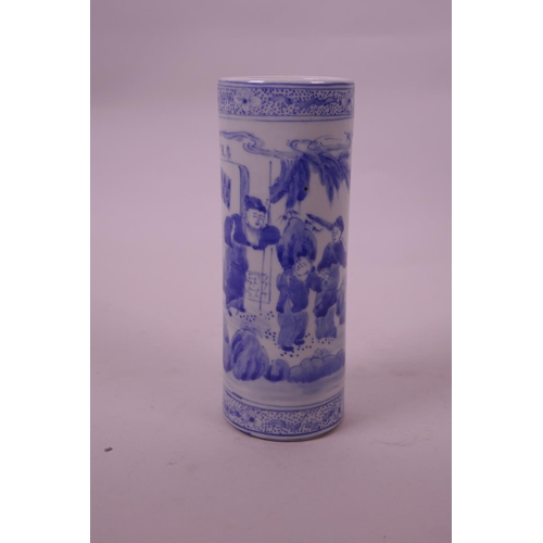 81 - A Chinese blue and white porcelain cylinder vase decorated with figures in a garden, leaf mark to ba... 