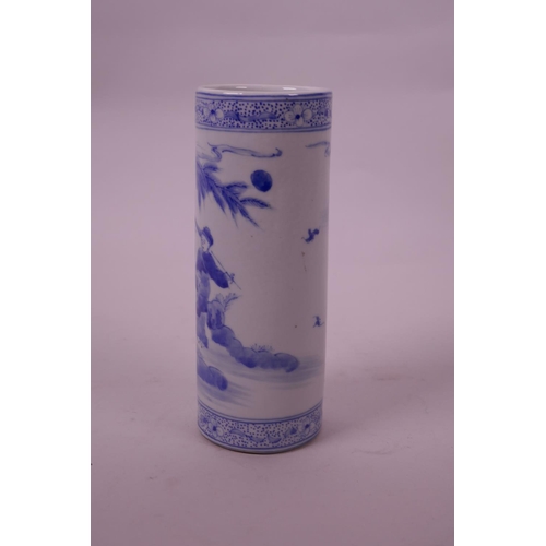 81 - A Chinese blue and white porcelain cylinder vase decorated with figures in a garden, leaf mark to ba... 