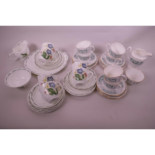 87 - A Coalport 'Revelry-Adam' green six place tea service with milk jug and slop bowl (one saucer A/F), ... 