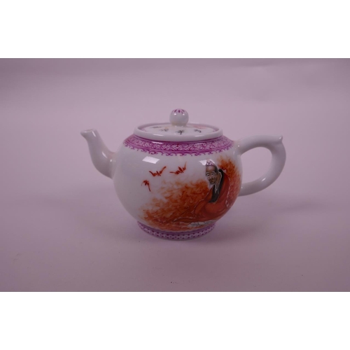 88 - A Chinese famille rose porcelain teapot decorated with a sage in red robes, with verses, red seal ma... 