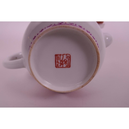 88 - A Chinese famille rose porcelain teapot decorated with a sage in red robes, with verses, red seal ma... 