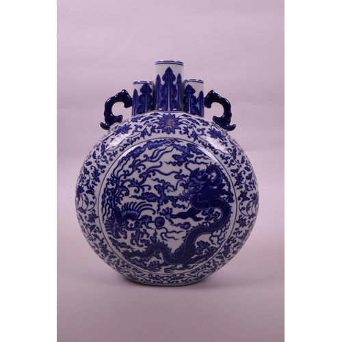 93 - A Chinese blue and white porcelain triple stem moon flask with two handles, decorated with a dragon ... 