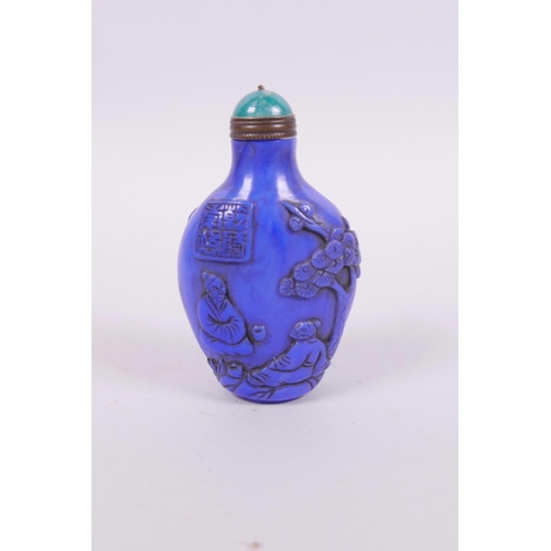 18 - A Chinese blue glass snuff bottle with carved decoration of figures, 3