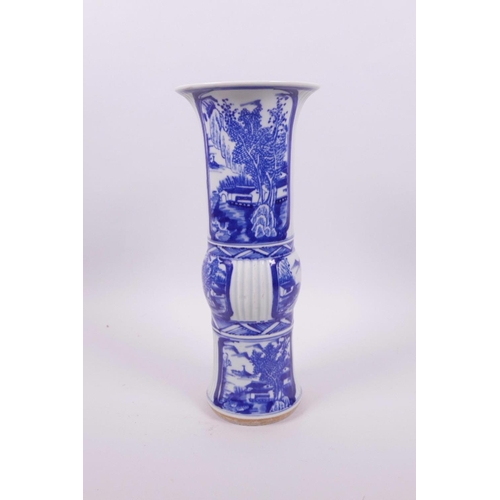 19 - A Chinese blue and white porcelain gu shaped vase with ribbed sections, decorated with landscape sce... 