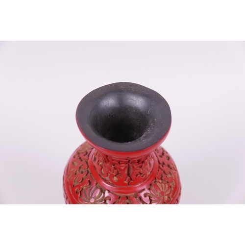 4 - A Chinese cinnabar style composition vase with raised dragon decoration, 6