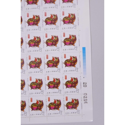 40 - A collection of six large facsimile (replica) Chinese perforated stamp sheets decorated with animals... 