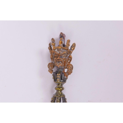 45 - A Sino-Tibetan mixed metal phurba, the handle decorated with a vajra and deity, 6