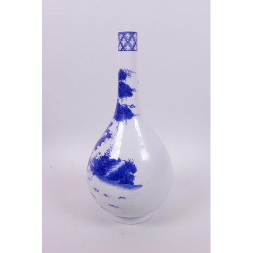 6 - A Chinese blue and white porcelain bottle vase decorated with travellers and children, 6 character m... 