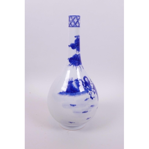 6 - A Chinese blue and white porcelain bottle vase decorated with travellers and children, 6 character m... 