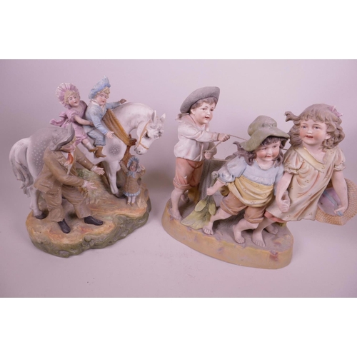 62 - Two Victorian bisque figure groups painted in naturalistic colours, horse rides and children on a se... 