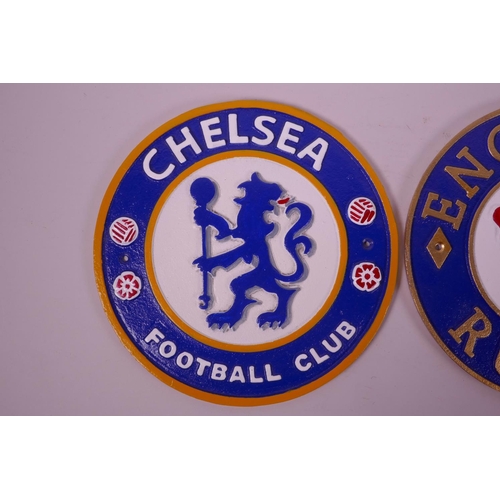 16 - Two painted cast iron plaques in the form of the crests for Chelsea Football Club and England Rugby,... 