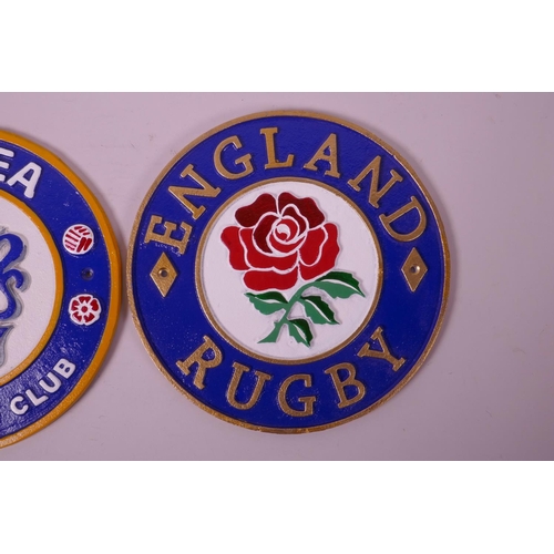 16 - Two painted cast iron plaques in the form of the crests for Chelsea Football Club and England Rugby,... 