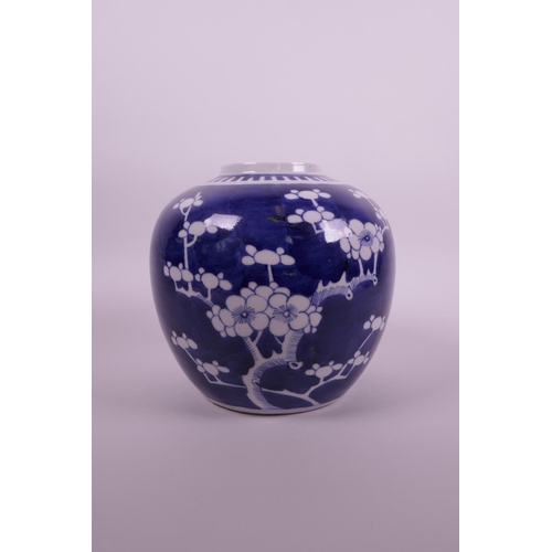 20 - A Chinese blue and white porcelain ginger jar with cracked ice and prunus blossom decoration, two co... 