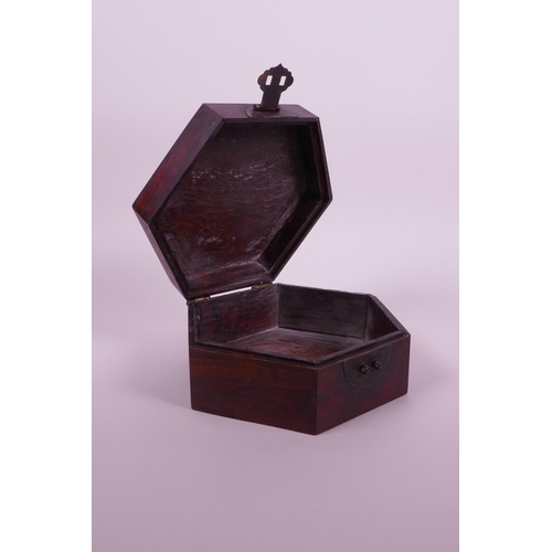 25 - A Chinese hexagonal hardwood box with carved decoration to cover of a bird and flowers, 6