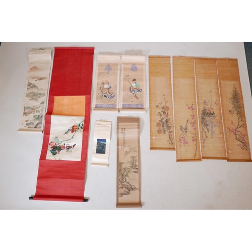 34 - A pair of Chinese hand painted watercolour scrolls depicting Shao Lao and Zhang Guolao, together wit... 