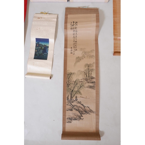 34 - A pair of Chinese hand painted watercolour scrolls depicting Shao Lao and Zhang Guolao, together wit... 