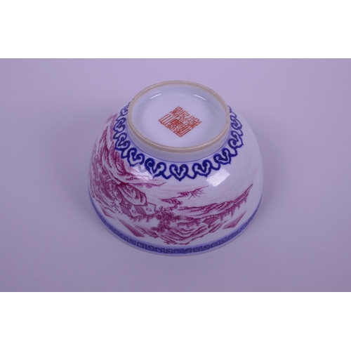 43 - A Chinese blue and white porcelain bowl decorated with a riverside landscape in puce enamels, seal m... 